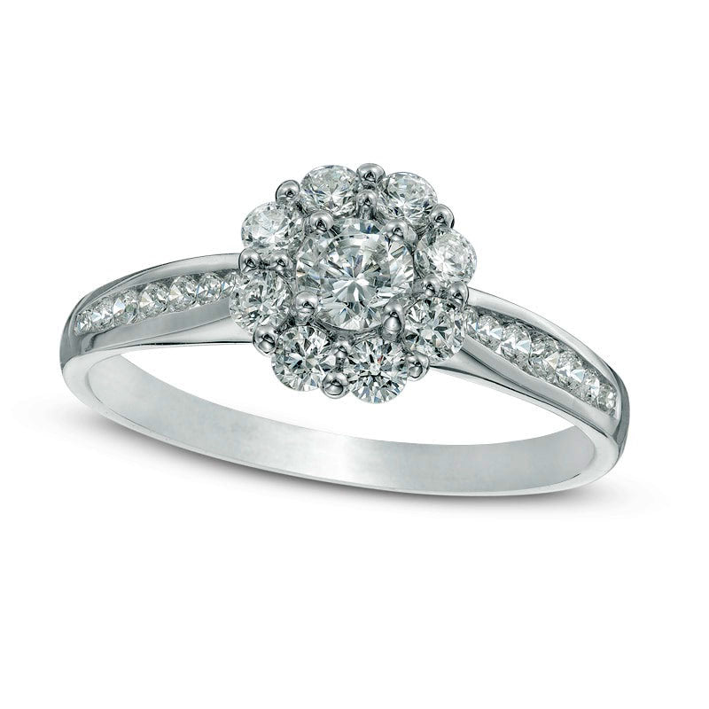 Image of ID 1 075 CT TW Natural Diamond Flower Frame Engagement Ring in Solid 14K White Gold
