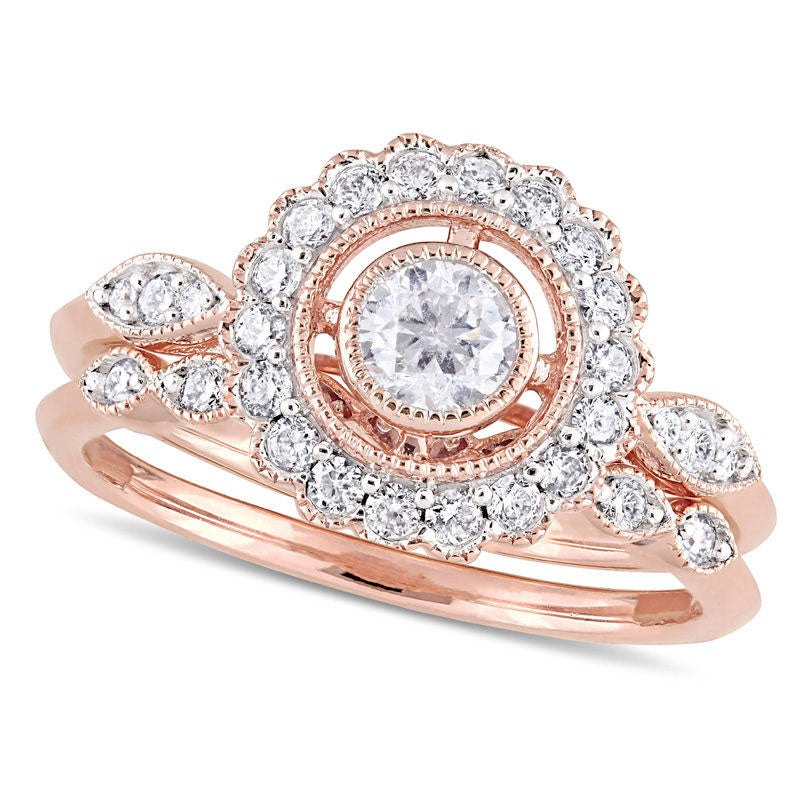 Image of ID 1 075 CT TW Natural Diamond Frame Antique Vintage-Style Bridal Engagement Ring Set in Solid 10K Rose Gold