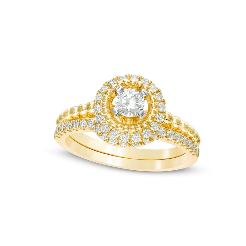 Image of ID 1 075 CT TW Natural Diamond Frame Beaded Shank Bridal Engagement Ring Set in Solid 14K Gold