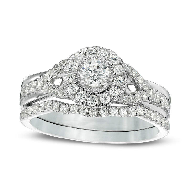 Image of ID 1 075 CT TW Natural Diamond Frame Split Shank Bridal Engagement Ring Set in Solid 14K White Gold