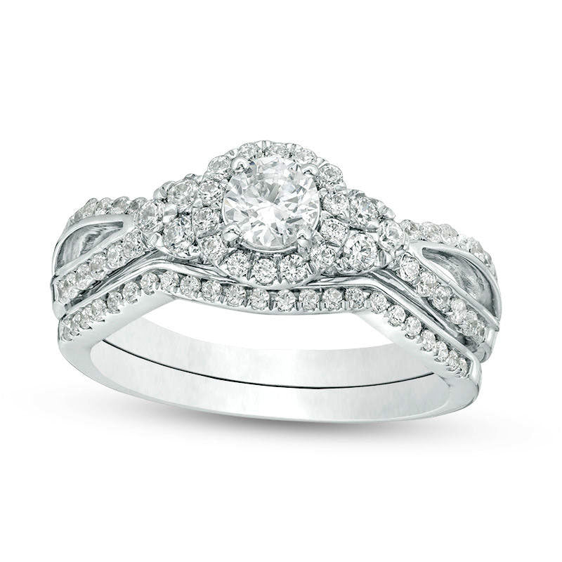 Image of ID 1 075 CT TW Natural Diamond Frame Tri-Sides Bridal Engagement Ring Set in Solid 10K White Gold