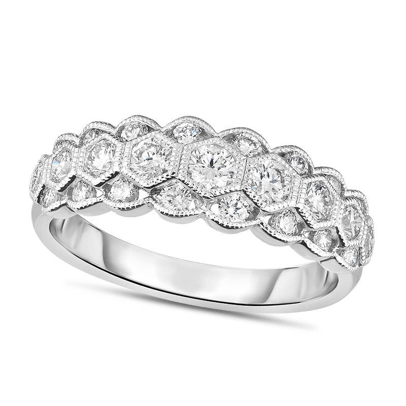 Image of ID 1 075 CT TW Natural Diamond Hexagon Frame Antique Vintage Style Scallop Edge Band in Solid 14K White Gold