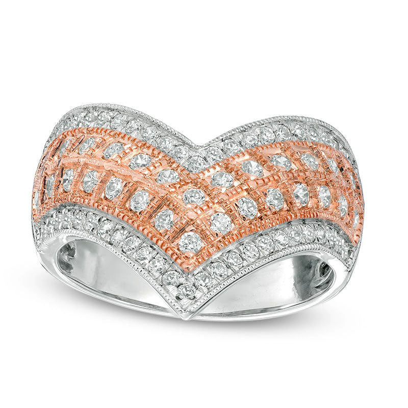 Image of ID 1 075 CT TW Natural Diamond Multi-Row Antique Vintage-Style Chevron Band in Solid 14K Two-Tone Gold