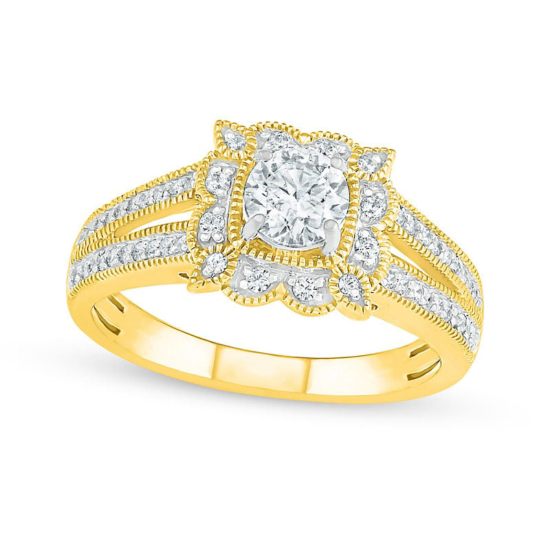Image of ID 1 075 CT TW Natural Diamond Scalloped Square Frame Antique Vintage-Style Engagement Ring in Solid 10K Yellow Gold