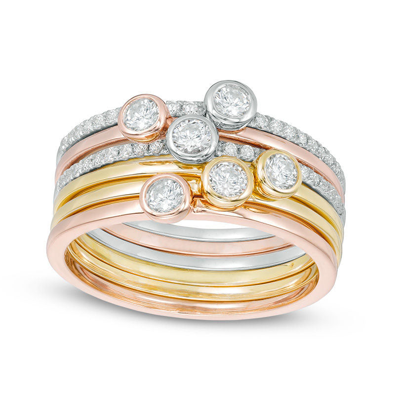 Image of ID 1 075 CT TW Natural Diamond Six Piece Stackable Ring Set in Solid 10K Tri-Tone Gold