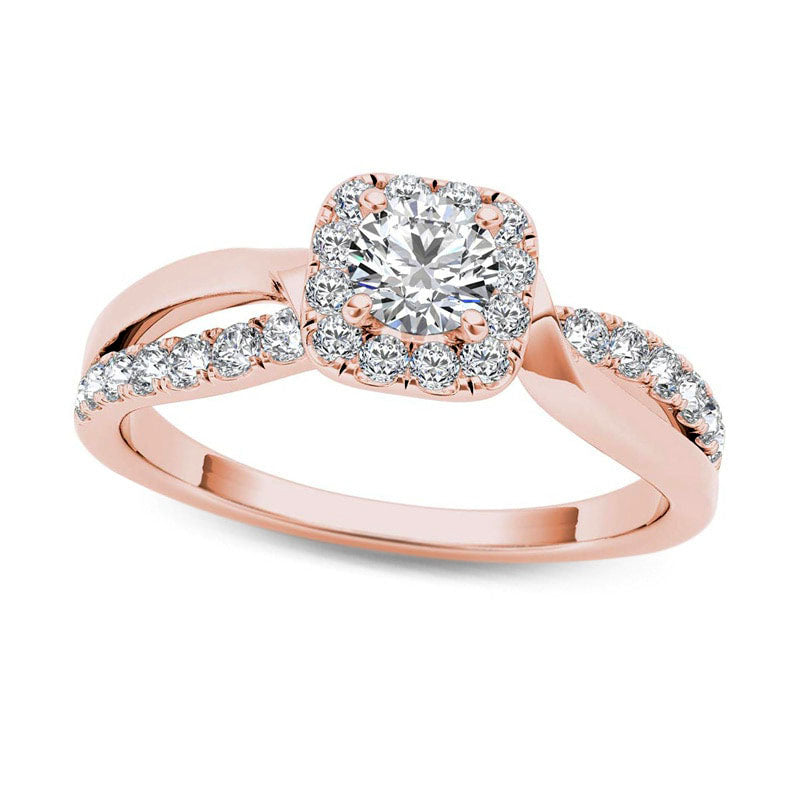Image of ID 1 075 CT TW Natural Diamond Square Frame Split Shank Engagement Ring in Solid 14K Rose Gold