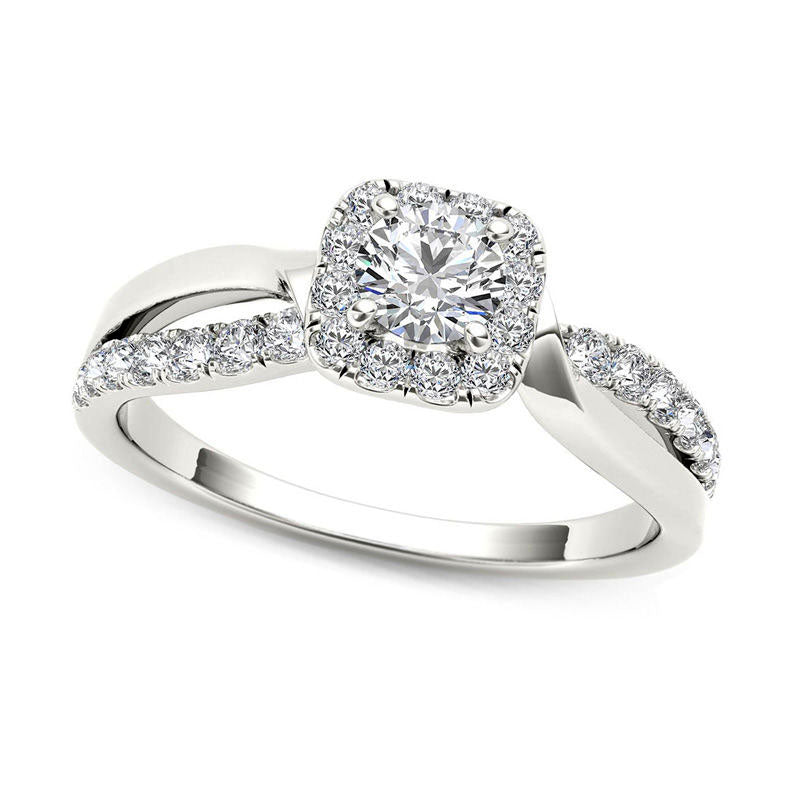 Image of ID 1 075 CT TW Natural Diamond Square Frame Split Shank Engagement Ring in Solid 14K White Gold