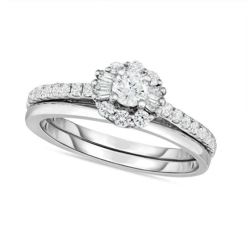 Image of ID 1 075 CT TW Natural Diamond Starburst Bridal Engagement Ring Set in Solid 14K White Gold