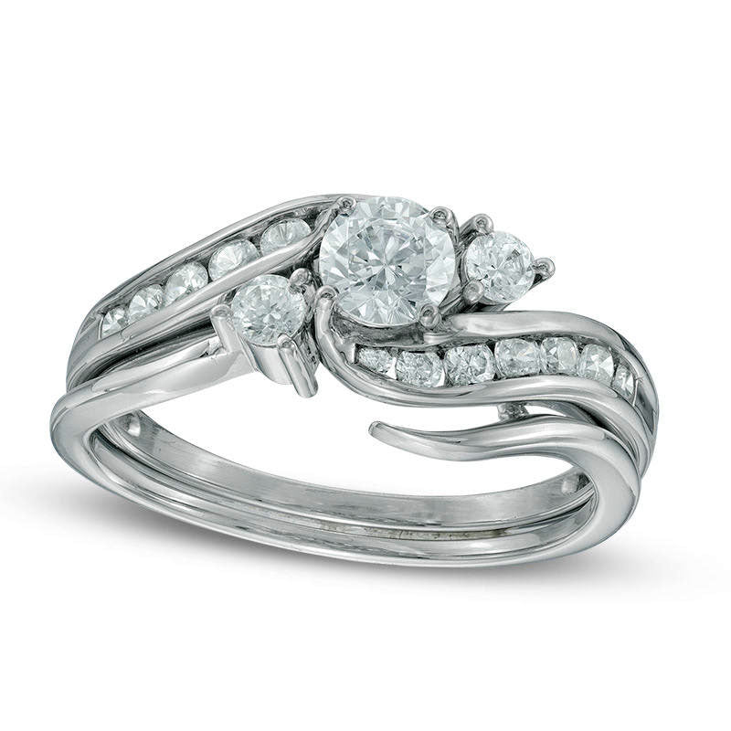 Image of ID 1 075 CT TW Natural Diamond Swirl Bypass Three Stone Bridal Engagement Ring Set in Solid 14K White Gold