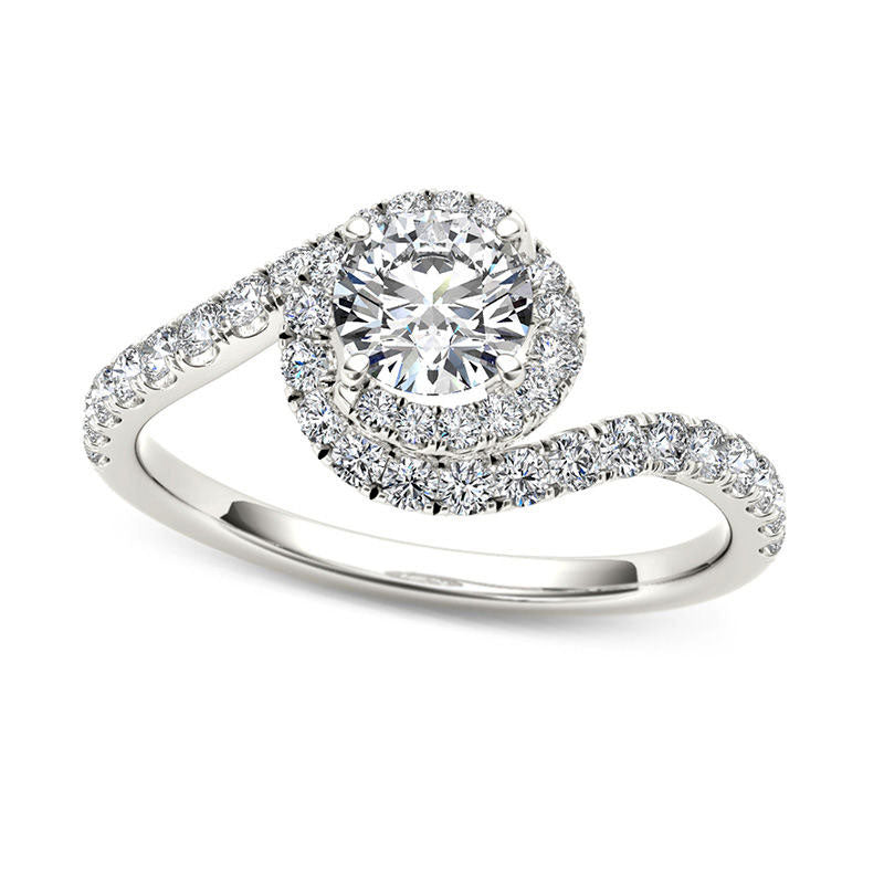 Image of ID 1 075 CT TW Natural Diamond Swirl Frame Bypass Engagement Ring in Solid 14K White Gold