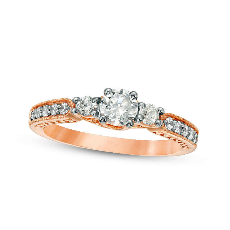 Image of ID 1 075 CT TW Natural Diamond Three Stone Antique Vintage-Style Engagement Ring in Solid 10K Rose Gold