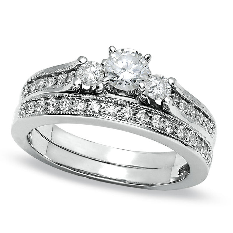 Image of ID 1 075 CT TW Natural Diamond Three Stone Bridal Engagement Ring Set in Solid 14K White Gold