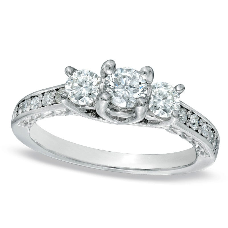 Image of ID 1 075 CT TW Natural Diamond Three Stone Engagement Ring in Solid 14K White Gold