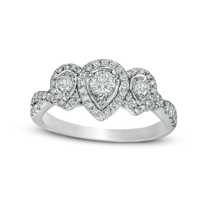 Image of ID 1 075 CT TW Natural Diamond Three Stone Pear-Shaped Frame Twist Engagement Ring in Solid 10K White Gold