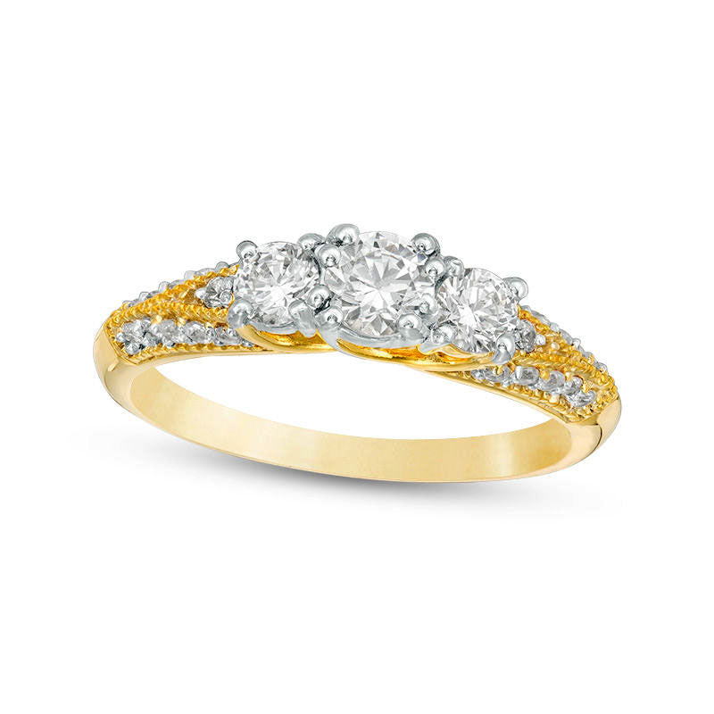 Image of ID 1 075 CT TW Natural Diamond Three Stone V-Sides Antique Vintage-Style Engagement Ring in Solid 10K Yellow Gold