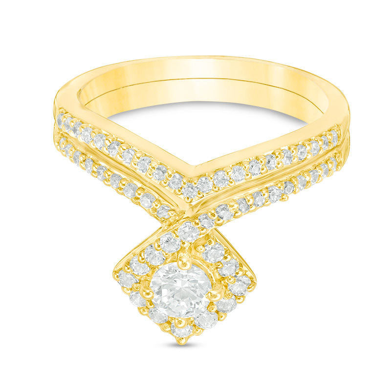 Image of ID 1 075 CT TW Natural Diamond Tilted Cushion Frame Bridal Engagement Ring Set in Solid 10K Yellow Gold