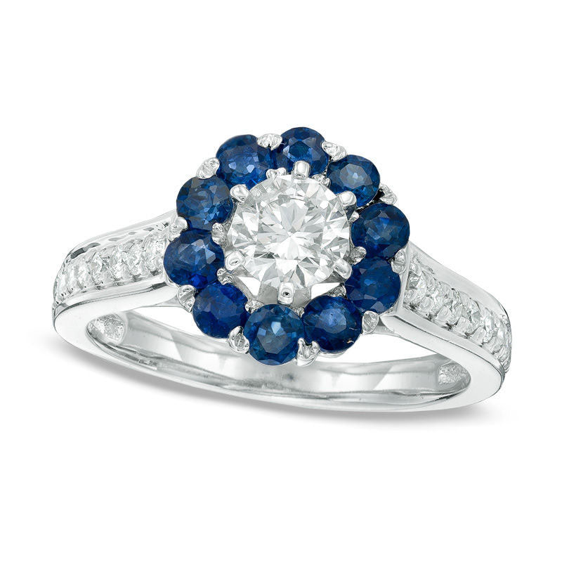 Image of ID 1 075 CT TW Natural Diamond and Blue Sapphire Frame Ring in Solid 14K White Gold