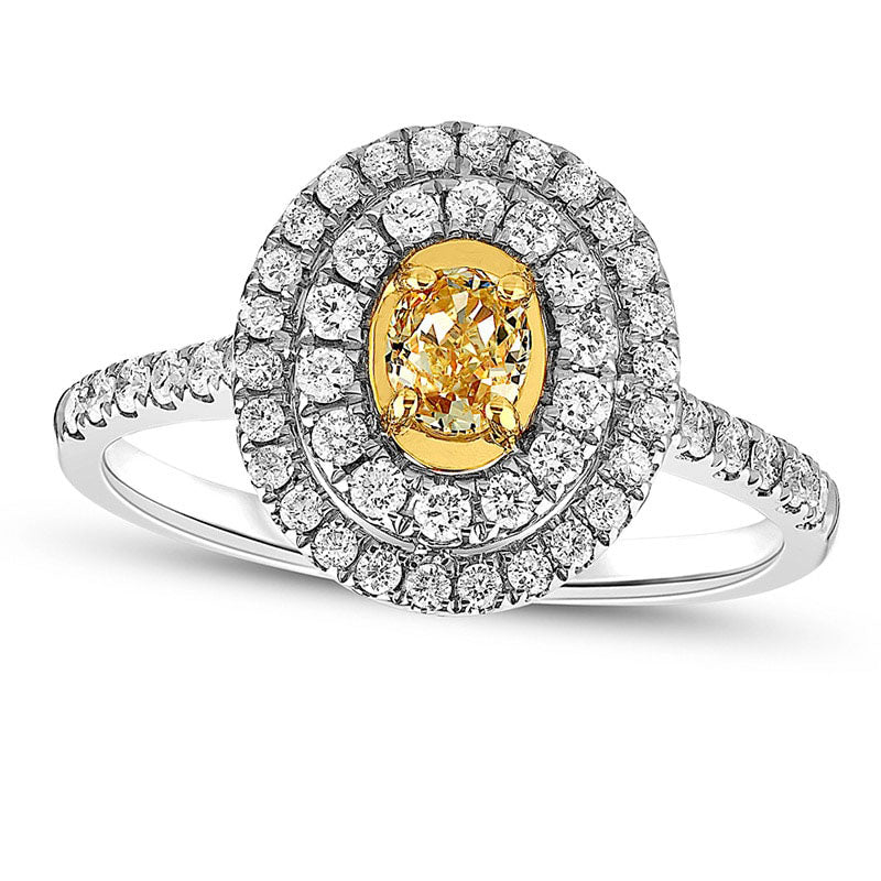 Image of ID 1 075 CT TW Oval Fancy Yellow and White Natural Diamond Double Frame Engagement Ring in Solid 18K White Gold