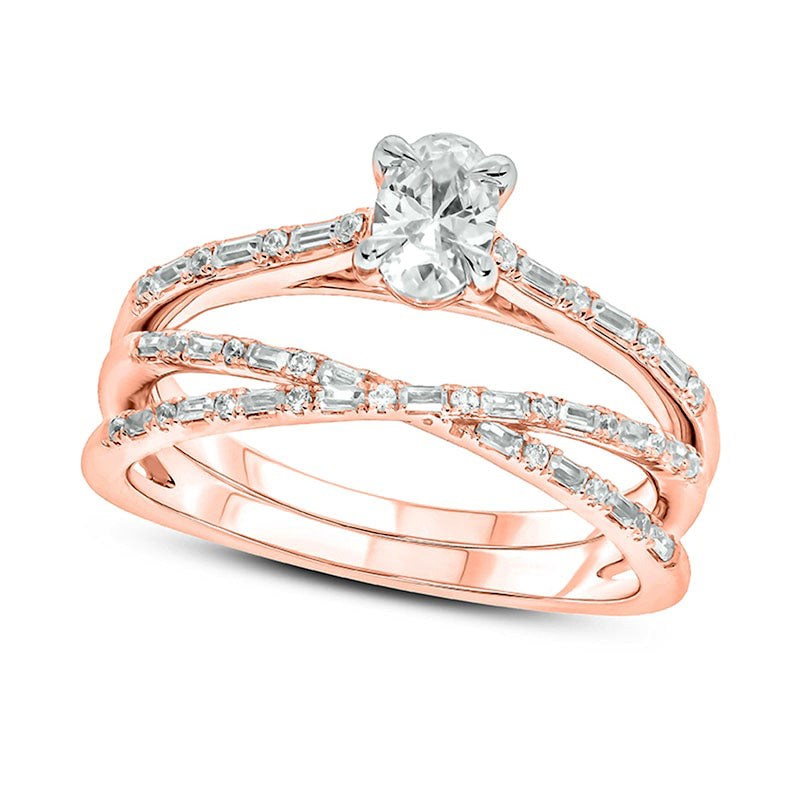 Image of ID 1 075 CT TW Oval Natural Diamond Alternating Crossover Bridal Engagement Ring Set in Solid 10K Rose Gold