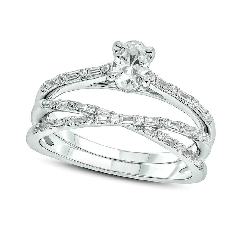 Image of ID 1 075 CT TW Oval Natural Diamond Alternating Crossover Bridal Engagement Ring Set in Solid 10K White Gold