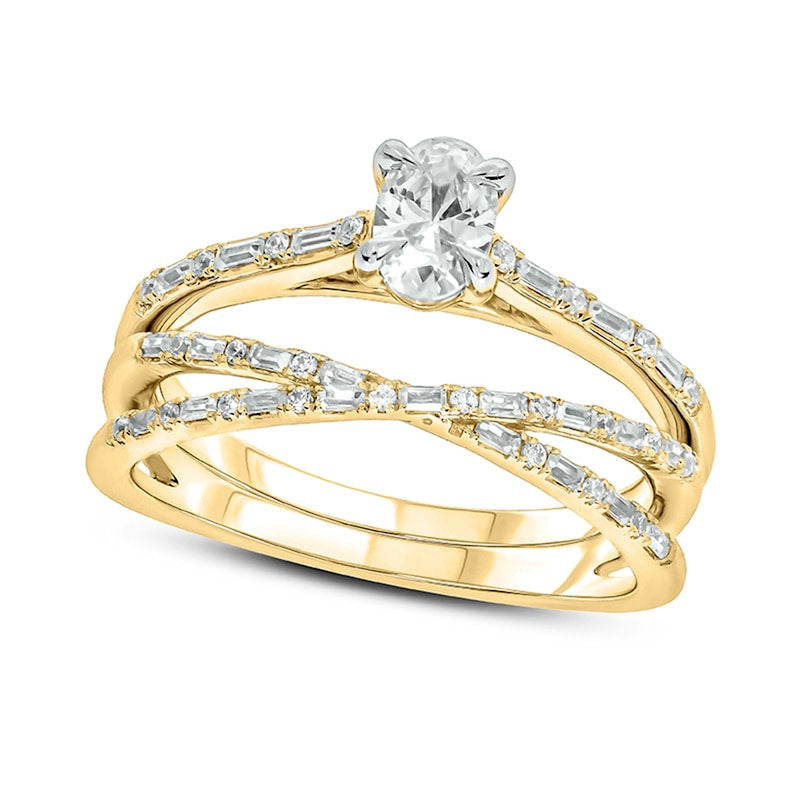 Image of ID 1 075 CT TW Oval Natural Diamond Alternating Crossover Bridal Engagement Ring Set in Solid 10K Yellow Gold