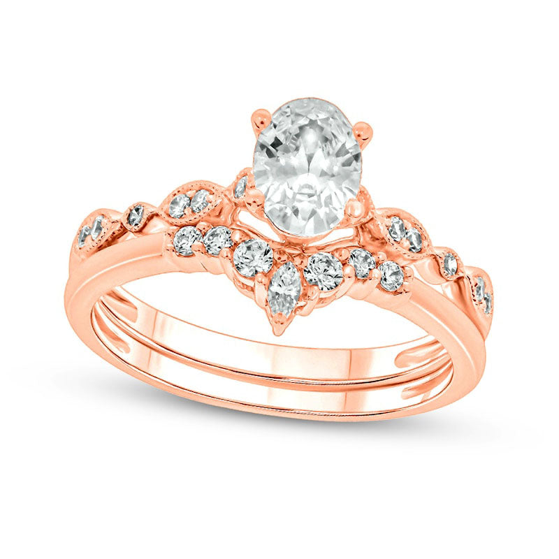 Image of ID 1 075 CT TW Oval Natural Diamond Contour Antique Vintage-Style Bridal Engagement Ring Set in Solid 14K Rose Gold (I/I2)