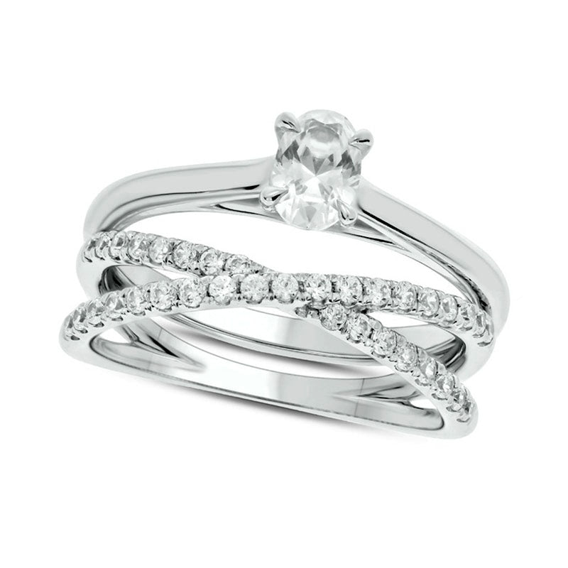 Image of ID 1 075 CT TW Oval Natural Diamond Crossover Bridal Engagement Ring Set in Solid 10K White Gold
