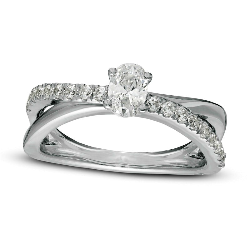 Image of ID 1 075 CT TW Oval Natural Diamond Crossover Engagement Ring in Solid 14K White Gold