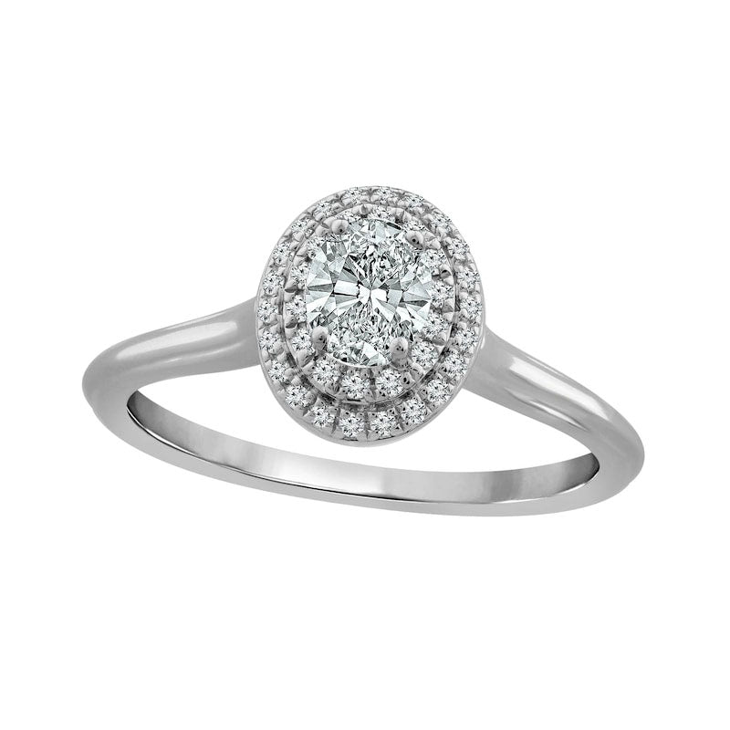 Image of ID 1 075 CT TW Oval Natural Diamond Double Frame Engagement Ring in Solid 14K White Gold