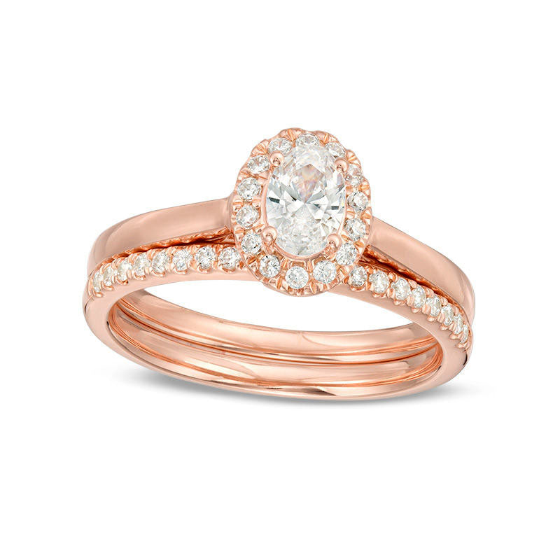 Image of ID 1 075 CT TW Oval Natural Diamond Frame Bridal Engagement Ring Set in Solid 14K Rose Gold
