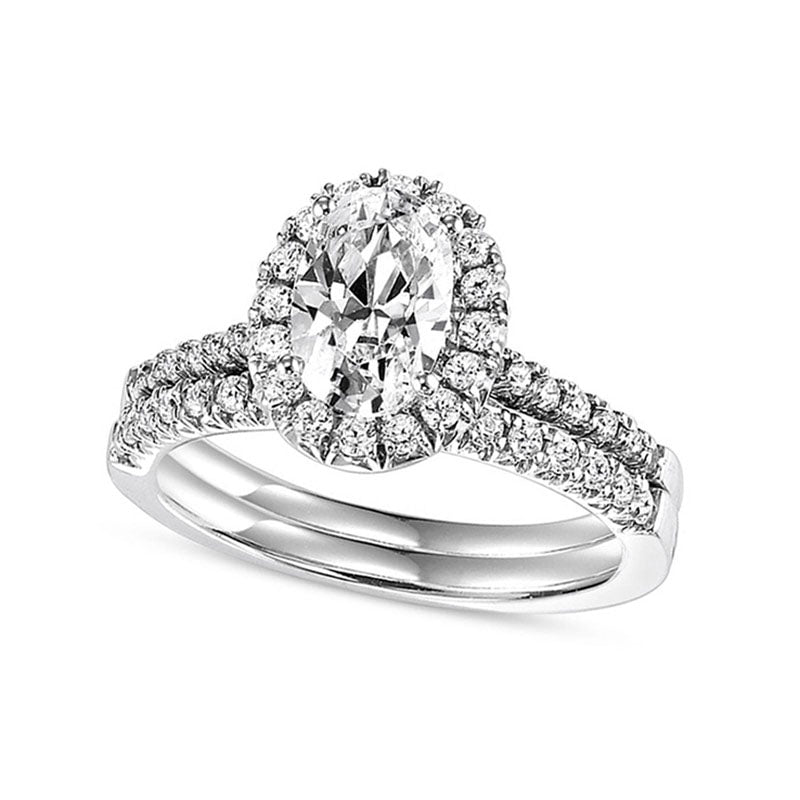 Image of ID 1 075 CT TW Oval Natural Diamond Frame Bridal Engagement Ring Set in Solid 14K White Gold