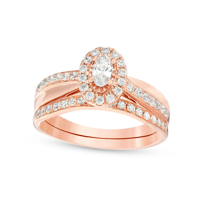 Image of ID 1 075 CT TW Oval Natural Diamond Frame Crossover Bridal Engagement Ring Set in Solid 14K Rose Gold