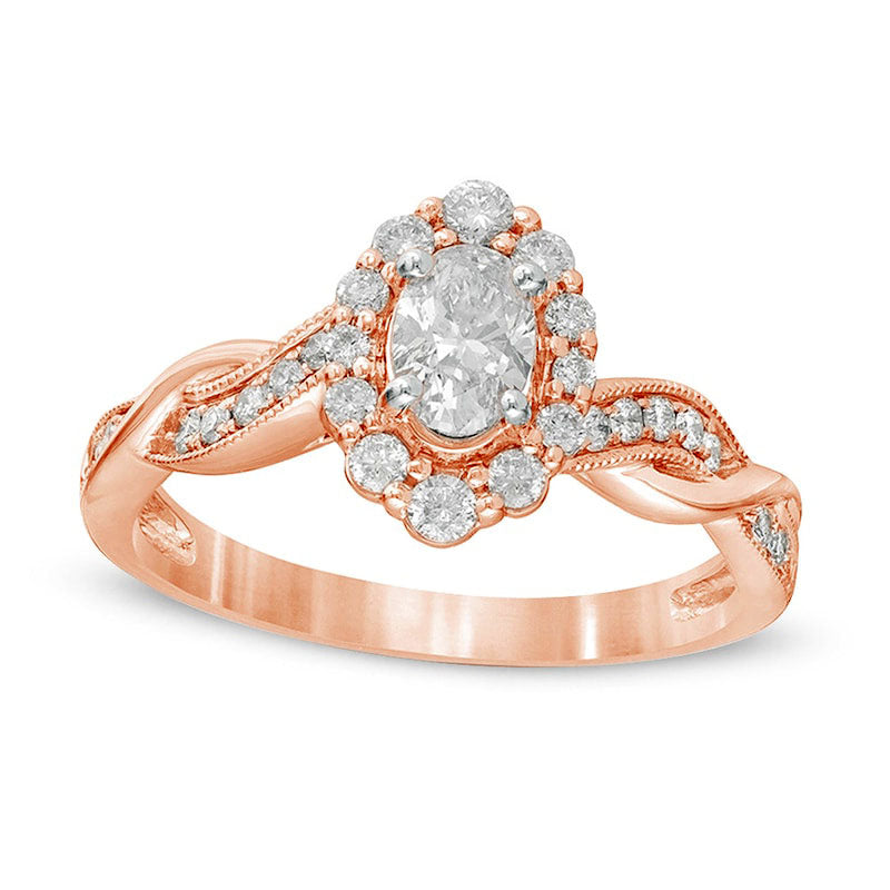 Image of ID 1 075 CT TW Oval Natural Diamond Frame Twist Shank Antique Vintage-Style Engagement Ring in Solid 10K Rose Gold