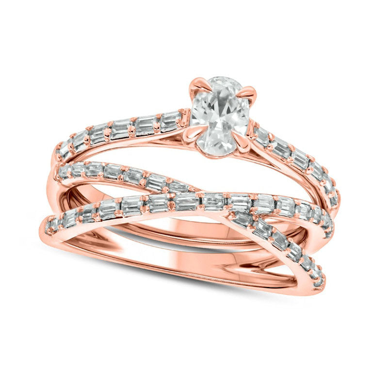 Image of ID 1 075 CT TW Oval and Baguette Natural Diamond Crossover Bridal Engagement Ring Set in Solid 10K Rose Gold