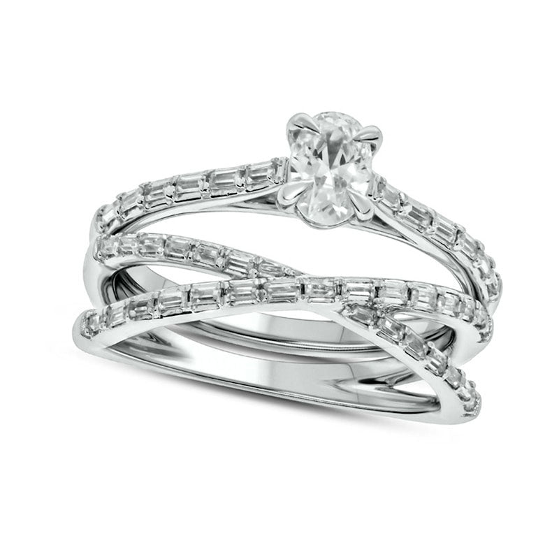 Image of ID 1 075 CT TW Oval and Baguette Natural Diamond Crossover Bridal Engagement Ring Set in Solid 10K White Gold