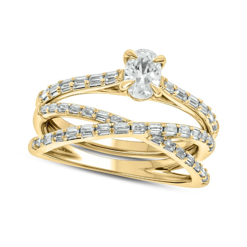 Image of ID 1 075 CT TW Oval and Baguette Natural Diamond Crossover Bridal Engagement Ring Set in Solid 10K Yellow Gold