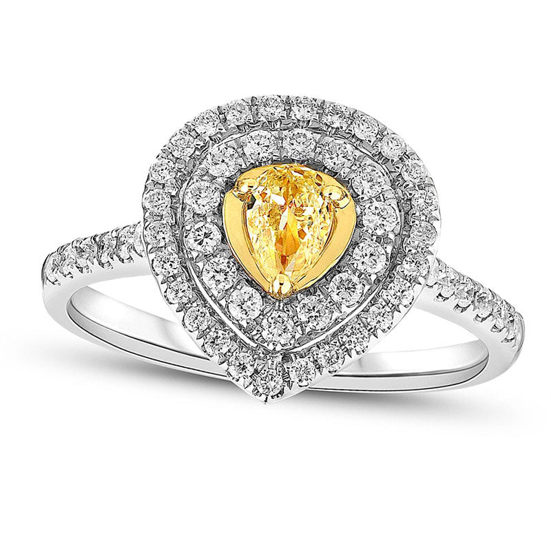Image of ID 1 075 CT TW Pear-Shaped Fancy Yellow and White Natural Diamond Double Frame Engagement Ring in Solid 18K White Gold
