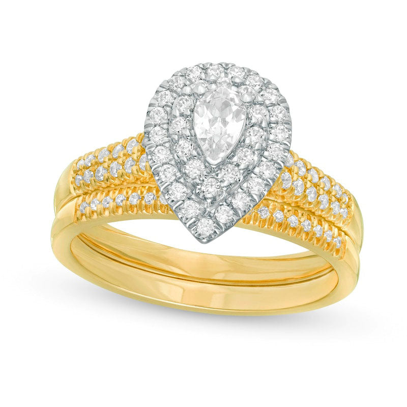 Image of ID 1 075 CT TW Pear-Shaped Natural Diamond Double Frame Bridal Engagement Ring Set in Solid 14K Gold