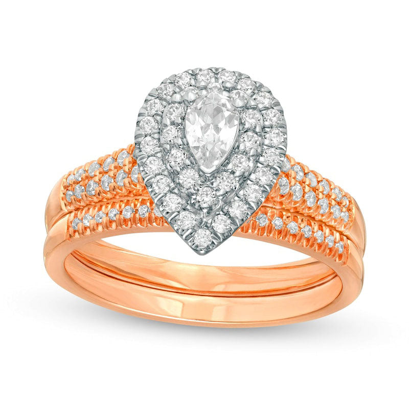 Image of ID 1 075 CT TW Pear-Shaped Natural Diamond Double Frame Bridal Engagement Ring Set in Solid 14K Rose Gold