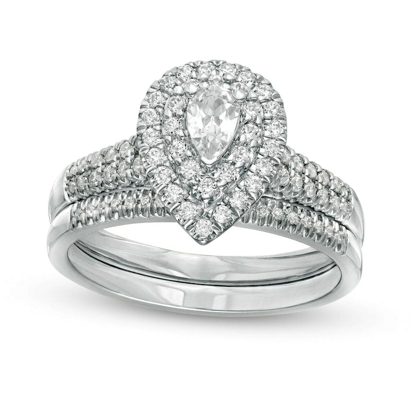 Image of ID 1 075 CT TW Pear-Shaped Natural Diamond Double Frame Bridal Engagement Ring Set in Solid 14K White Gold