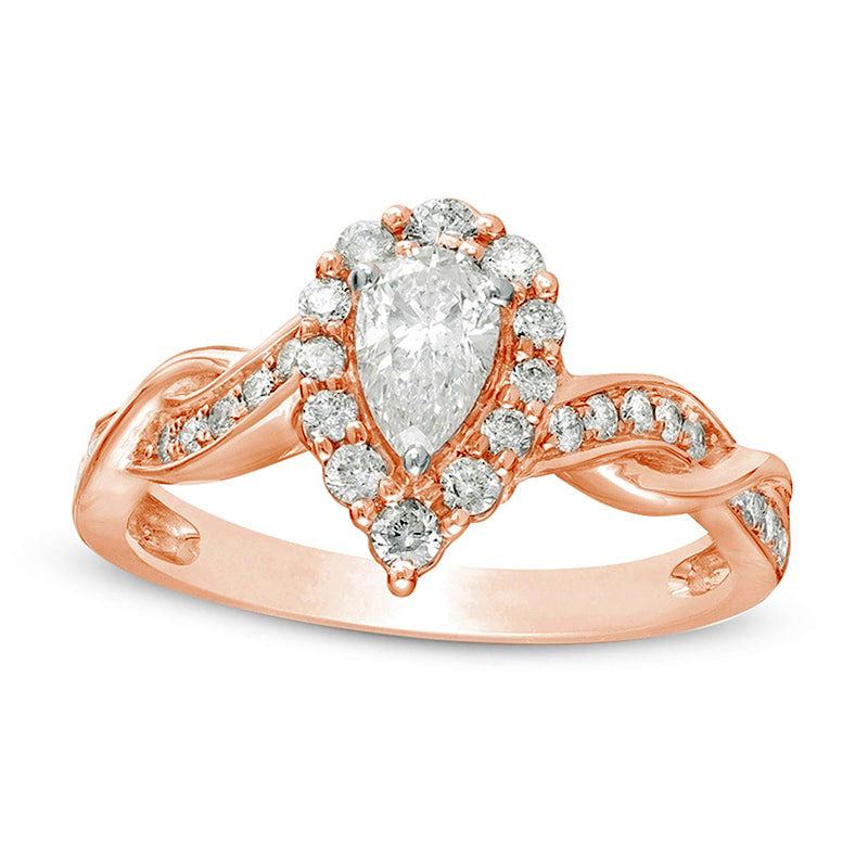 Image of ID 1 075 CT TW Pear-Shaped Natural Diamond Frame Twist Shank Engagement Ring in Solid 10K Rose Gold