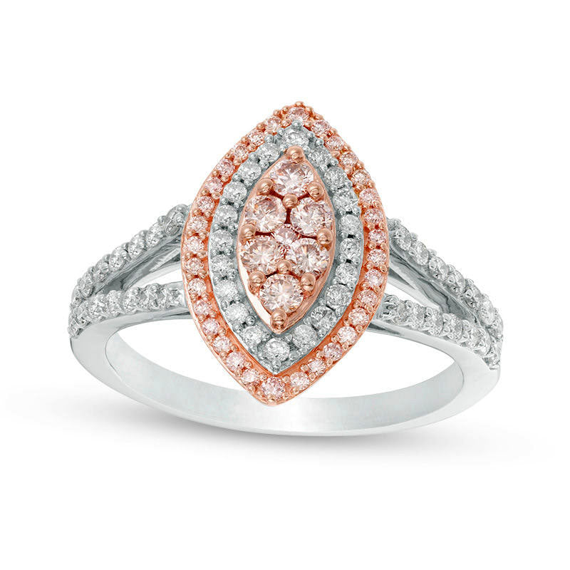Image of ID 1 075 CT TW Pink and White Natural Diamond Double Marquise Frame Ring in Solid 14K Two-Tone Gold
