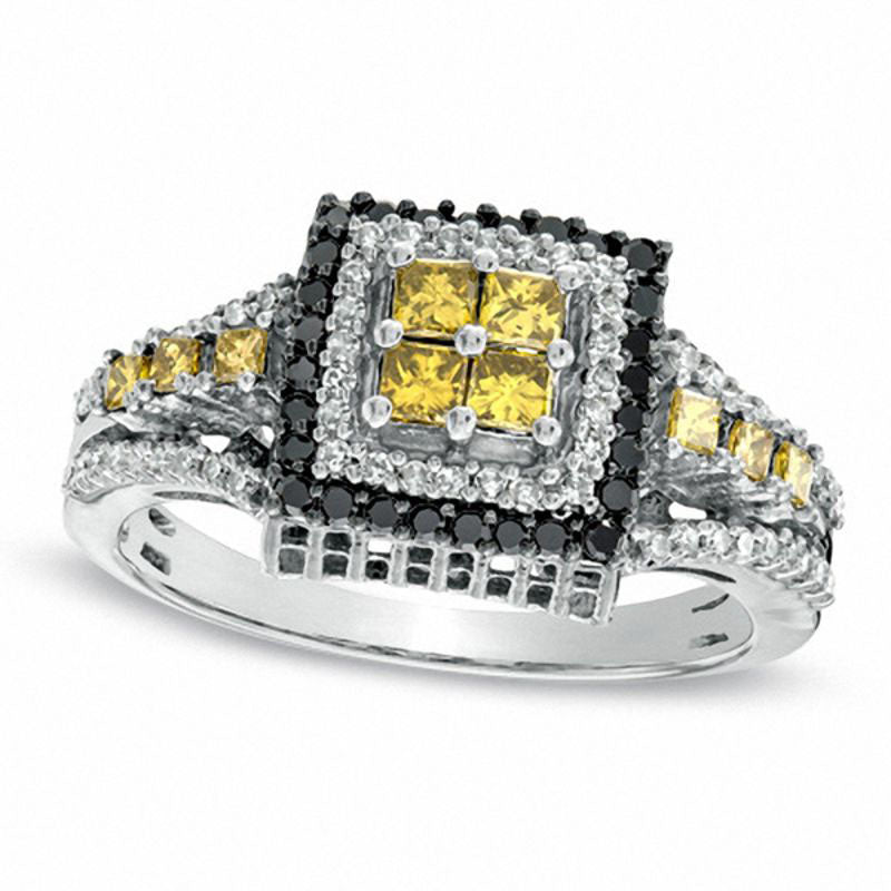 Image of ID 1 075 CT TW Princess-Cut Enhanced Yellow Black and White Natural Diamond Square Ring in Sterling Silver