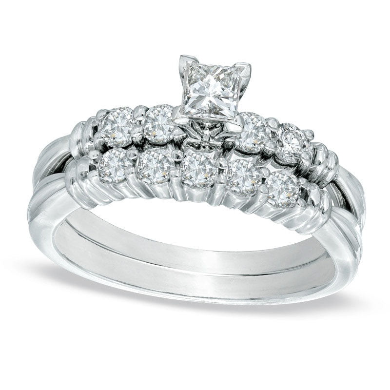 Image of ID 1 075 CT TW Princess-Cut Natural Diamond Bridal Engagement Ring Set in Solid 14K White Gold
