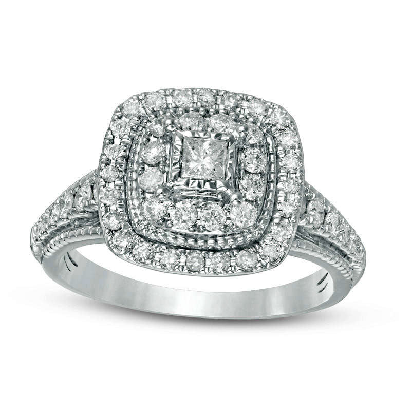 Image of ID 1 075 CT TW Princess-Cut Natural Diamond Double Frame Antique Vintage-Style Engagement Ring in Solid 14K White Gold