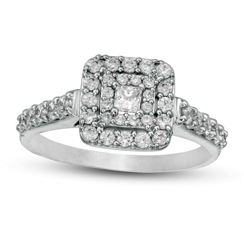 Image of ID 1 075 CT TW Princess-Cut Natural Diamond Double Frame Engagement Ring in Solid 10K White Gold