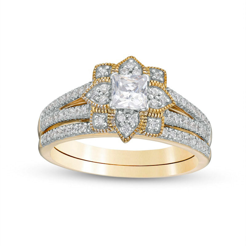Image of ID 1 075 CT TW Princess-Cut Natural Diamond Flower Frame Antique Vintage-Style Bridal Engagement Ring Set in Solid 10K Yellow Gold