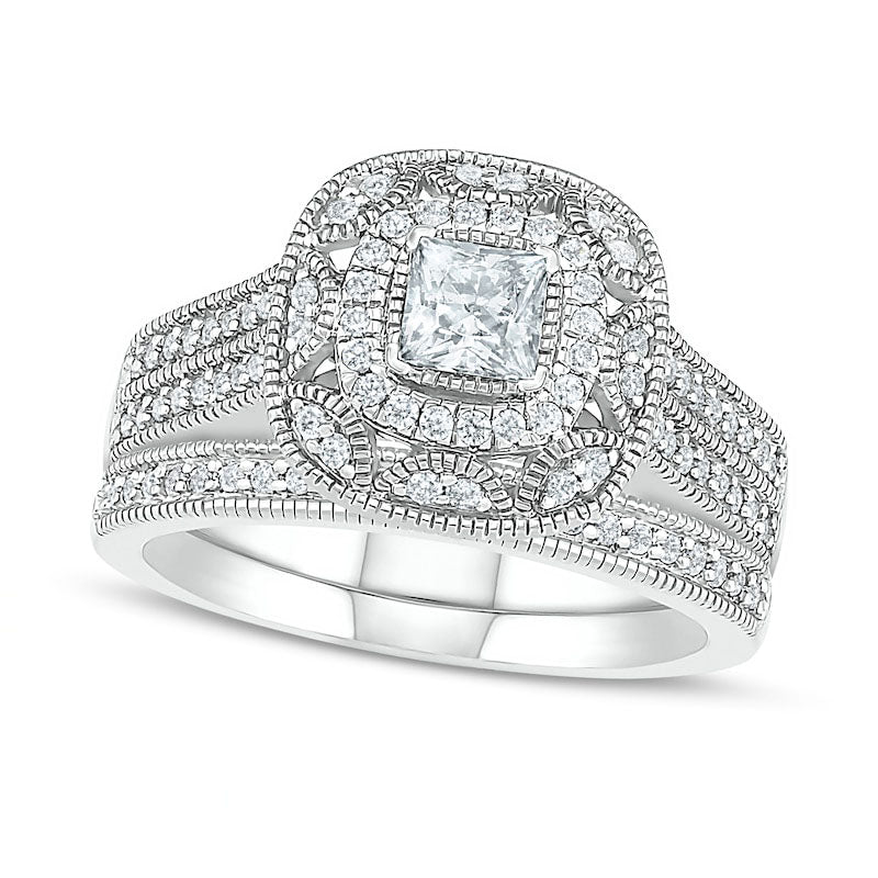 Image of ID 1 075 CT TW Princess-Cut Natural Diamond Frame Antique Vintage-Style Bridal Engagement Ring Set in Solid 10K White Gold