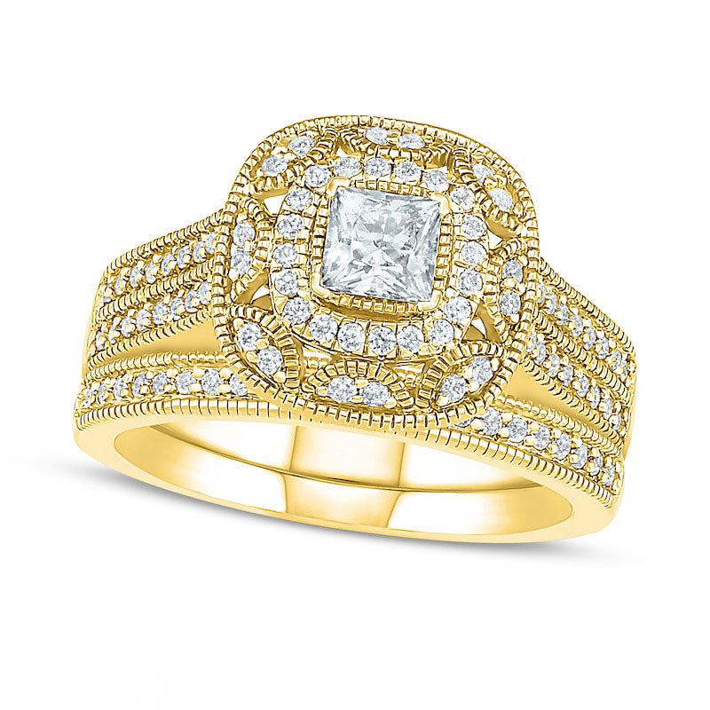 Image of ID 1 075 CT TW Princess-Cut Natural Diamond Frame Antique Vintage-Style Bridal Engagement Ring Set in Solid 10K Yellow Gold