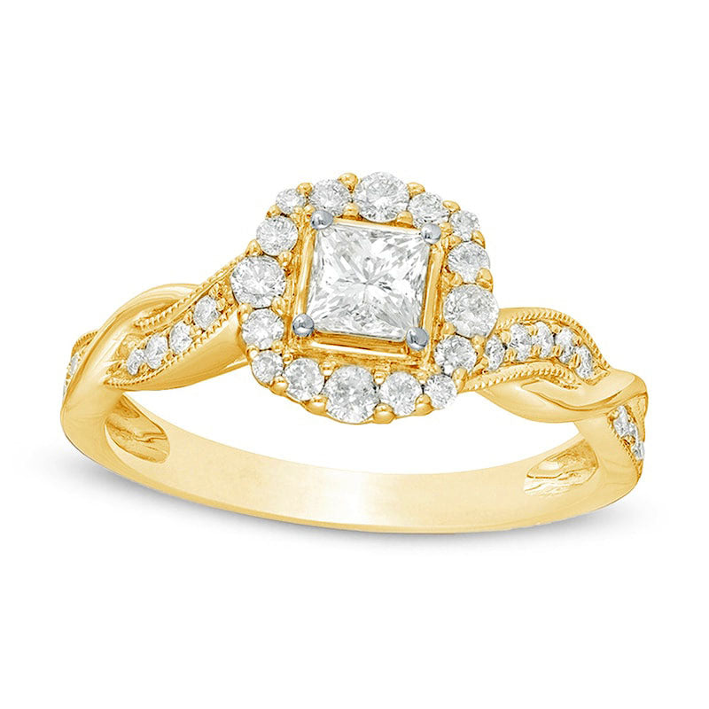 Image of ID 1 075 CT TW Princess-Cut Natural Diamond Frame Twist Shank Antique Vintage-Style Engagement Ring in Solid 10K Yellow Gold